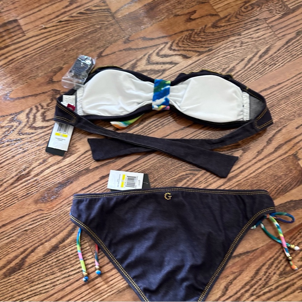 Guess NWT medium bandeau bikini denim print floral tie removable halter $94 - Picture 12 of 15